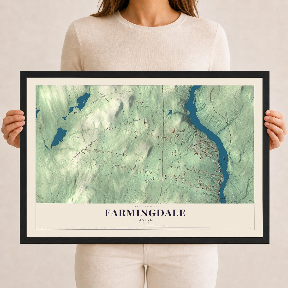 Farmingdale, Maine map print - 12 x 18 black Ayous wood frame