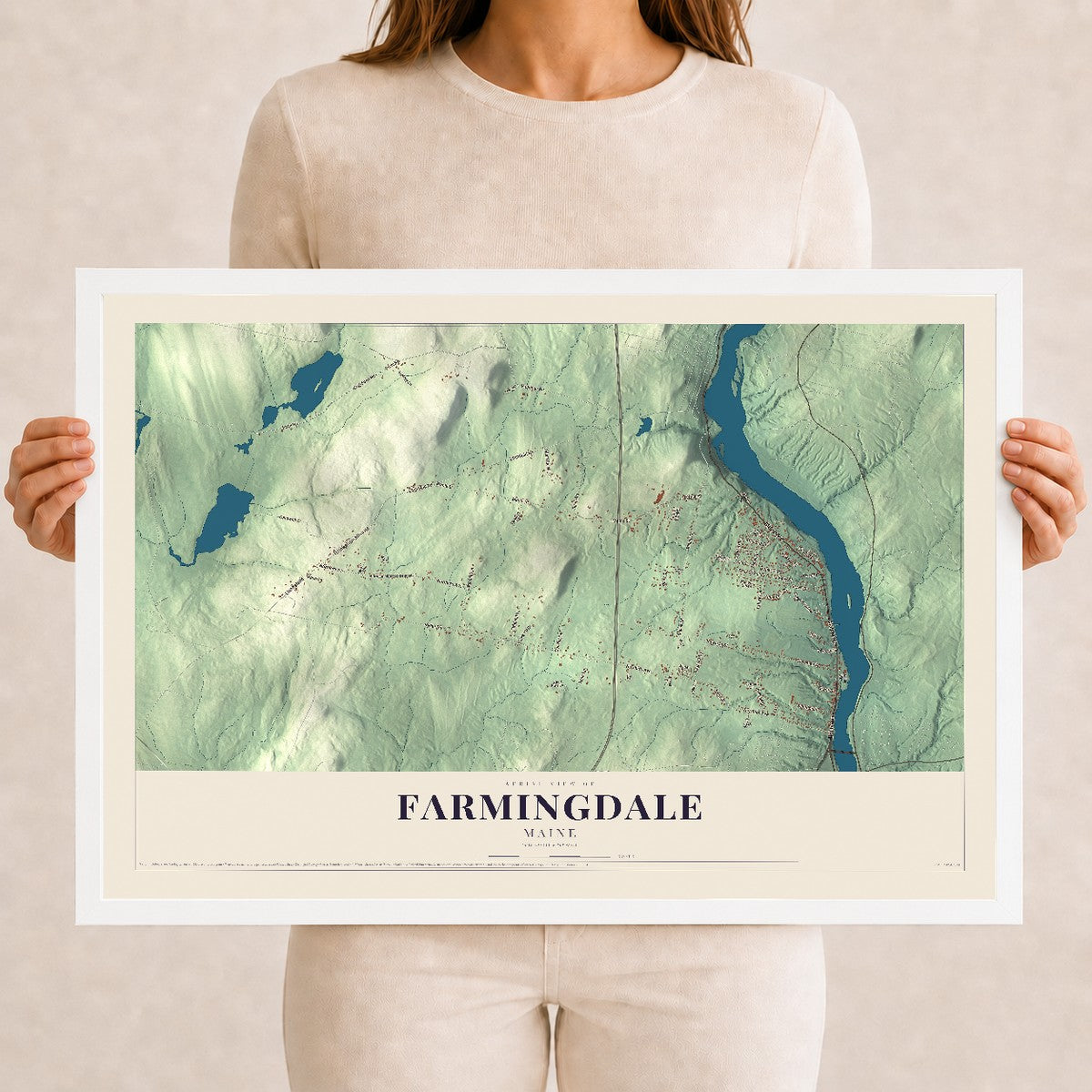 Farmingdale, Maine map print - 12 x 18 white Ayous wood frame