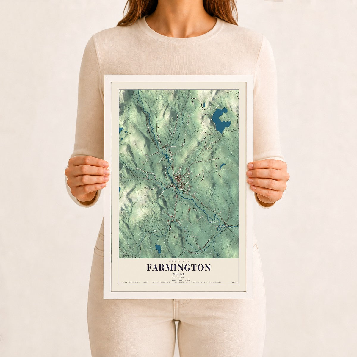 Farmington, Maine map print - 12 x 18 white Ayous wood frame