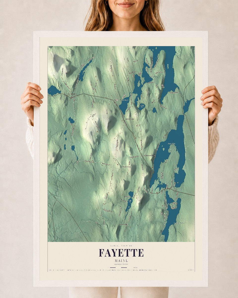 Fayette, Maine map print - 24 x 36 white Ayous wood frame