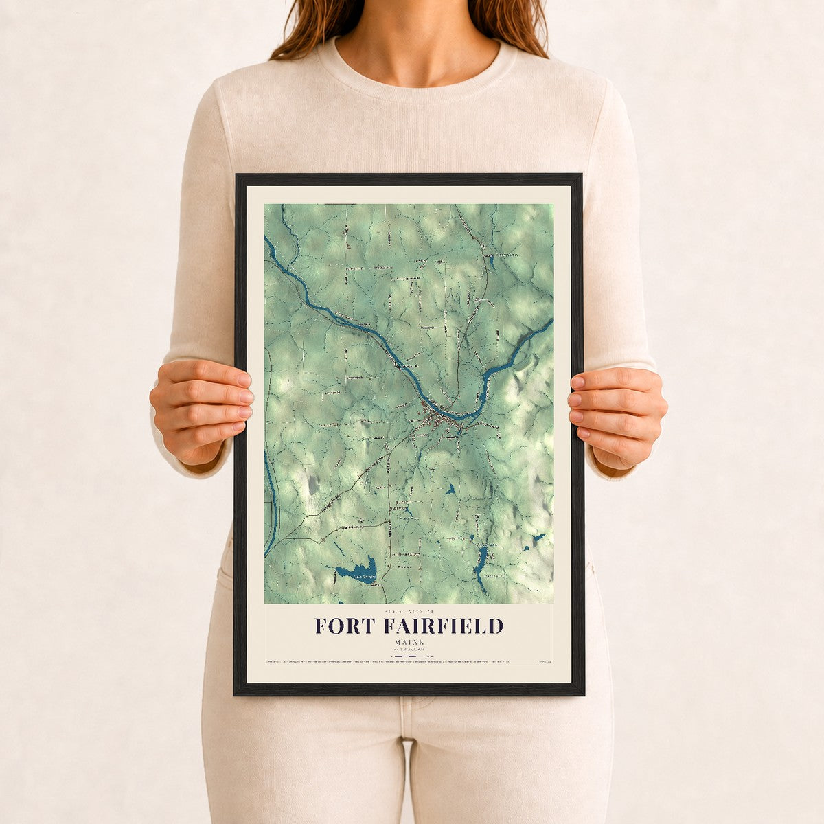 Fort Fairfield, Maine map print - 12 x 18 black Ayous wood frame
