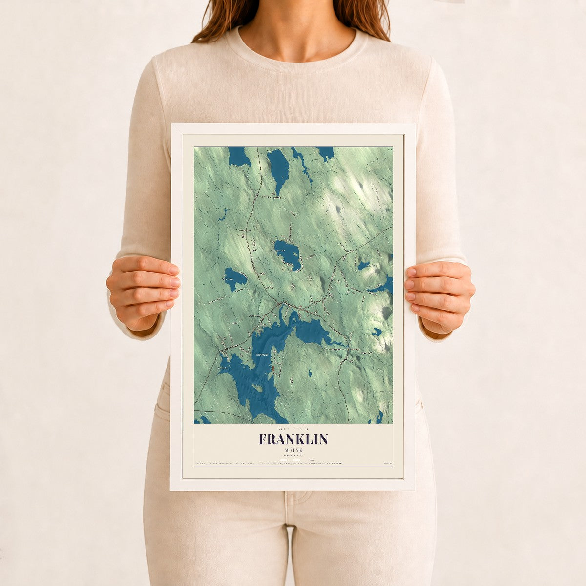 Franklin, Maine map print - 12 x 18 white Ayous wood frame