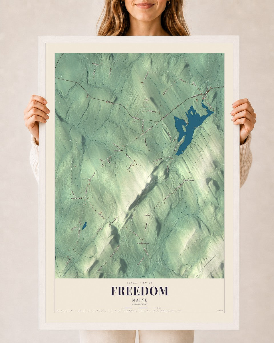 Freedom, Maine map print - 24 x 36 white Ayous wood frame
