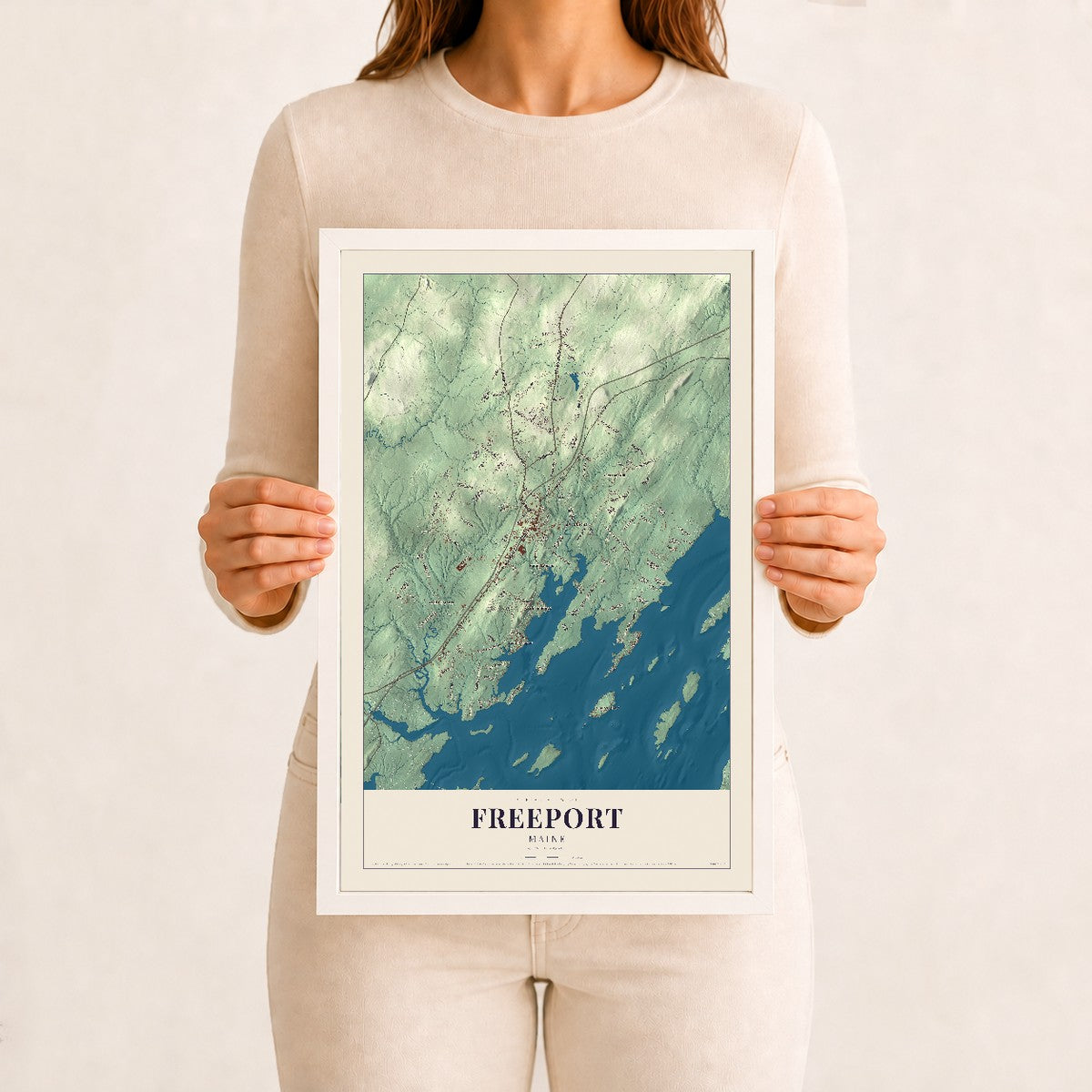 Freeport, Maine map print - 12 x 18 white Ayous wood frame