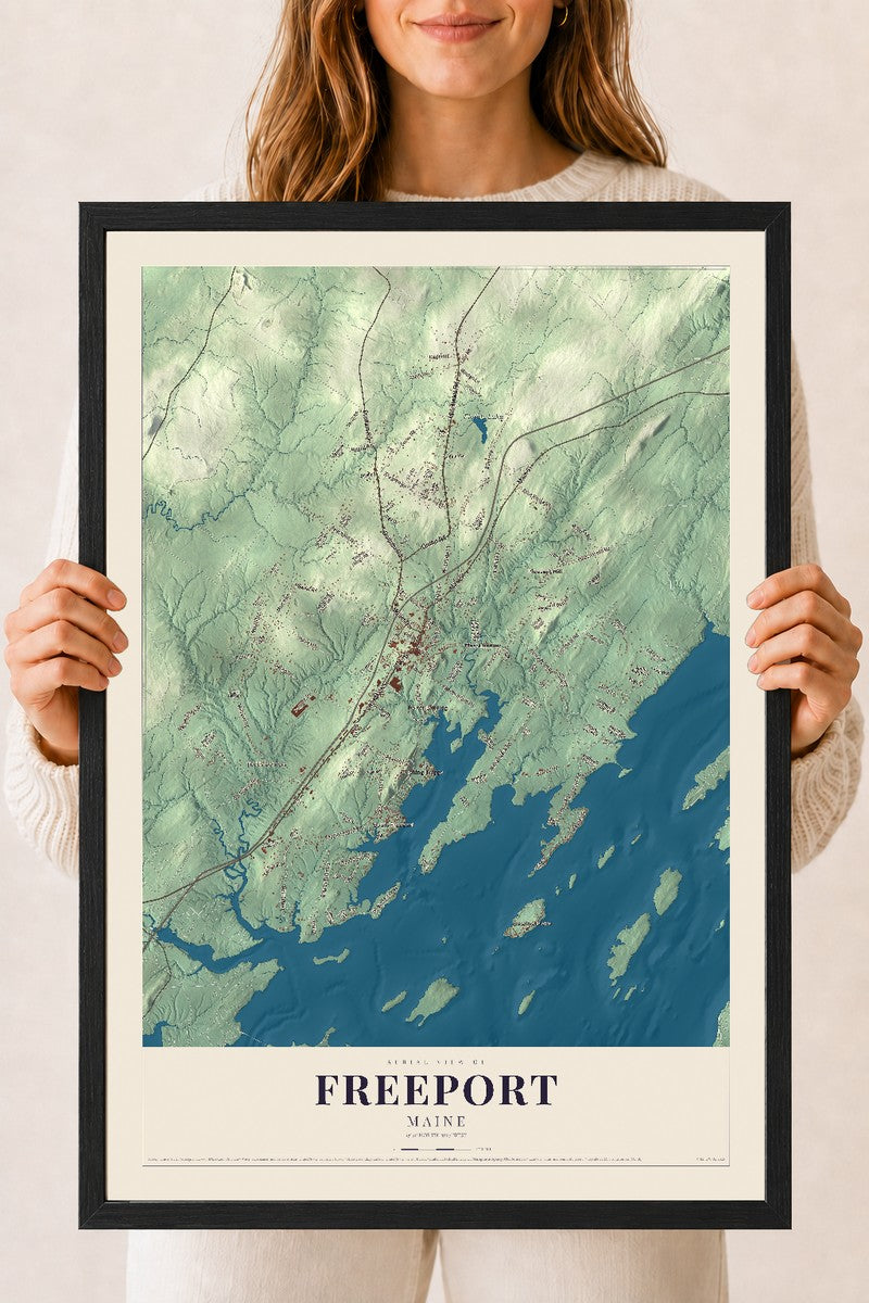 Freeport, Maine map print - 18 x 24 black Ayous wood frame