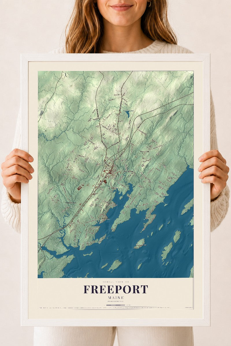 Freeport, Maine map print - 18 x 24 white Ayous wood frame
