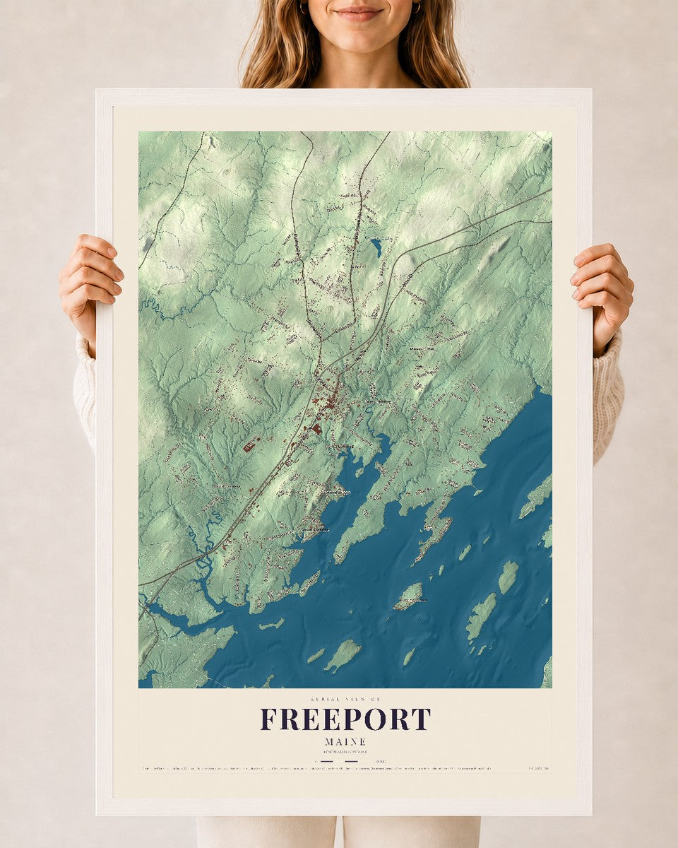Freeport, Maine map print - 24 x 36 white Ayous wood frame