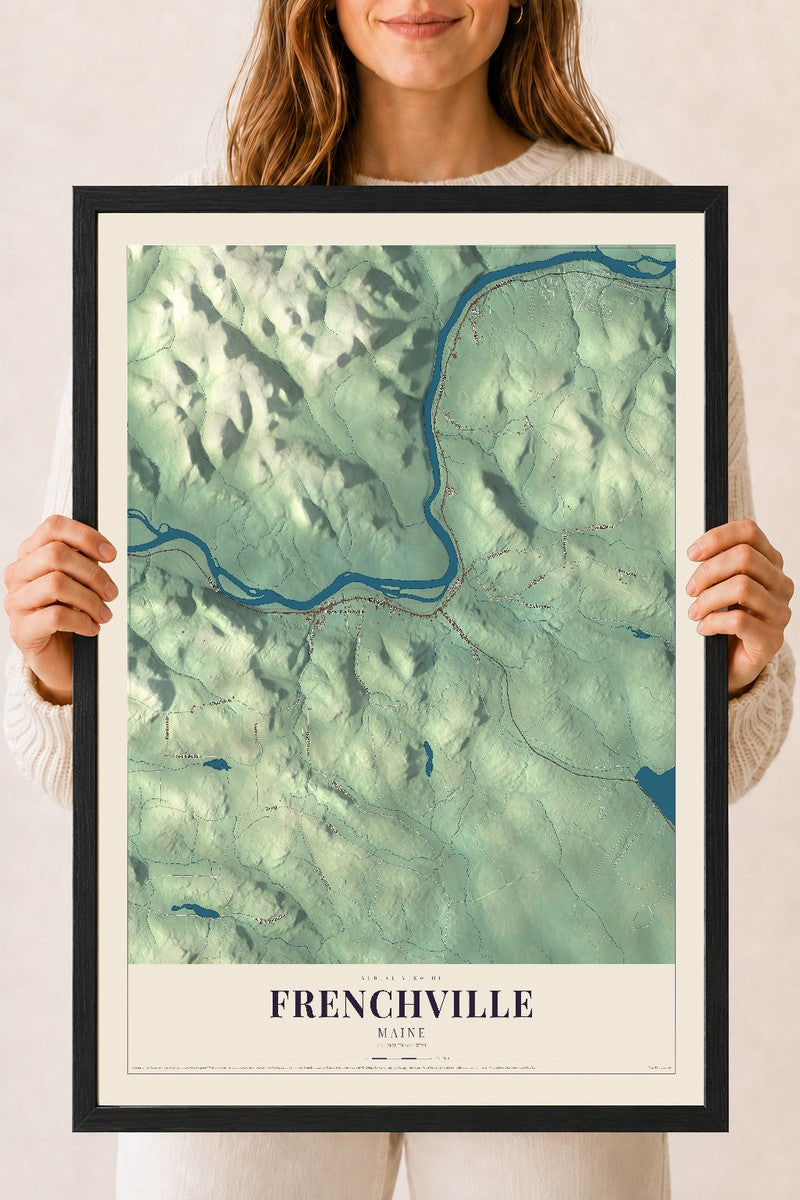 Frenchville, Maine map print - 18 x 24 black Ayous wood frame