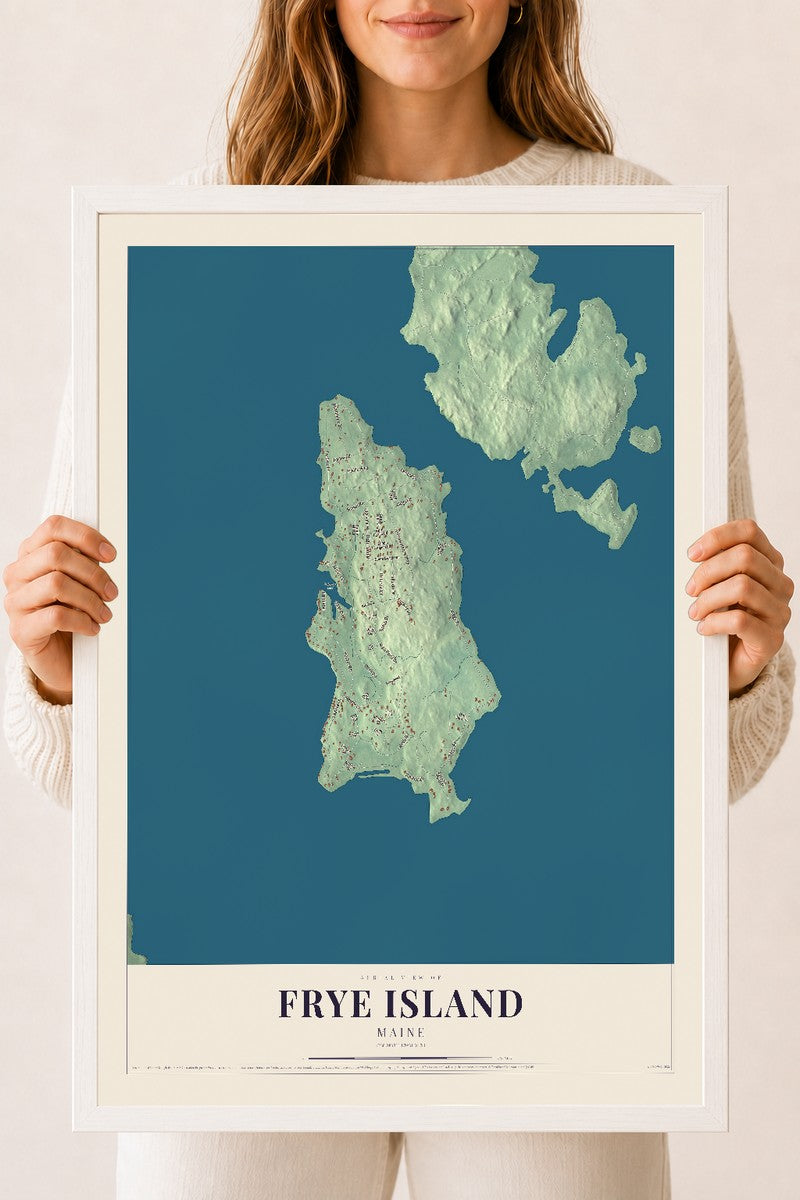 Frye Island, Maine map print - 18 x 24 white Ayous wood frame