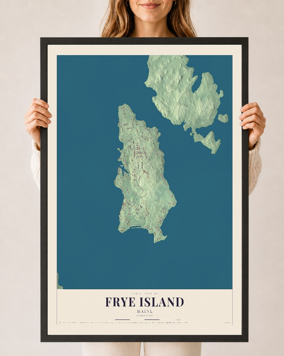 Frye Island, Maine map print - 24 x 36 black Ayous wood frame