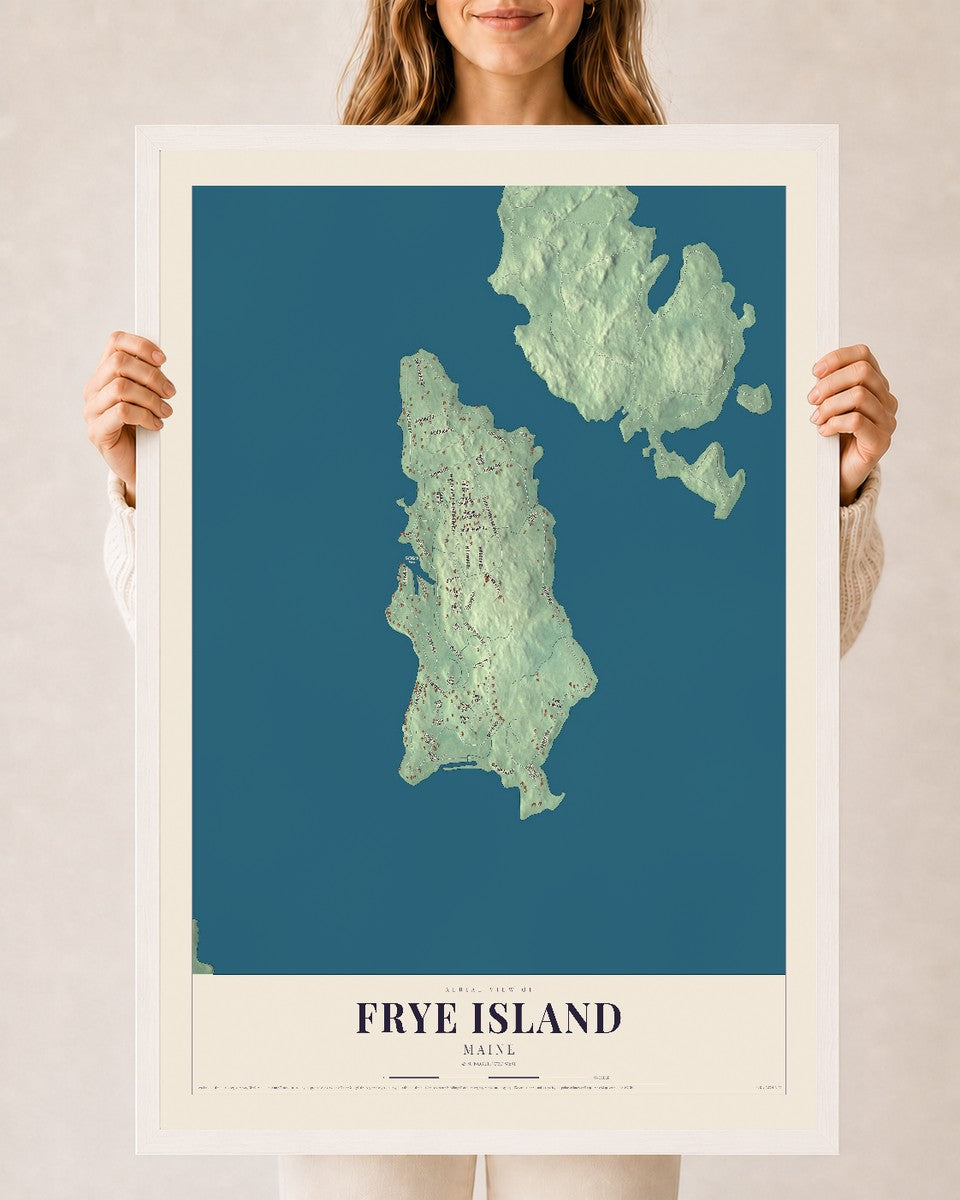 Frye Island, Maine map print - 24 x 36 white Ayous wood frame