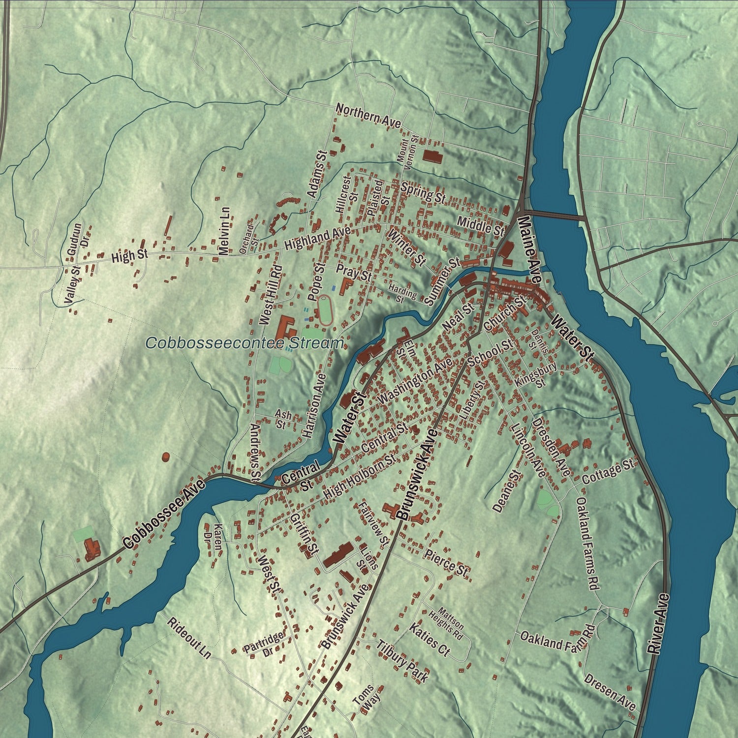 Terrain and local geography detail from the Gardiner, Maine map