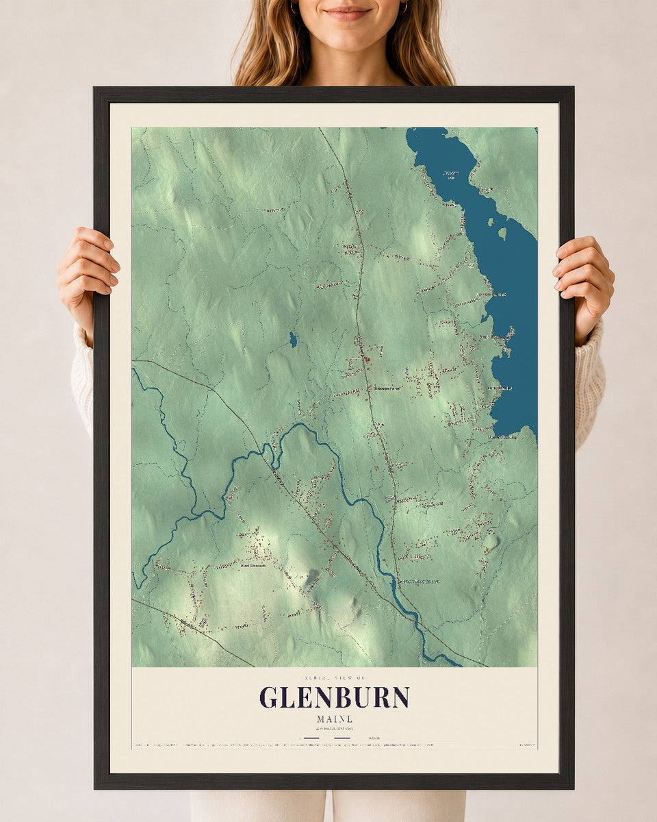 Glenburn, Maine map print - 24 x 36 black Ayous wood frame