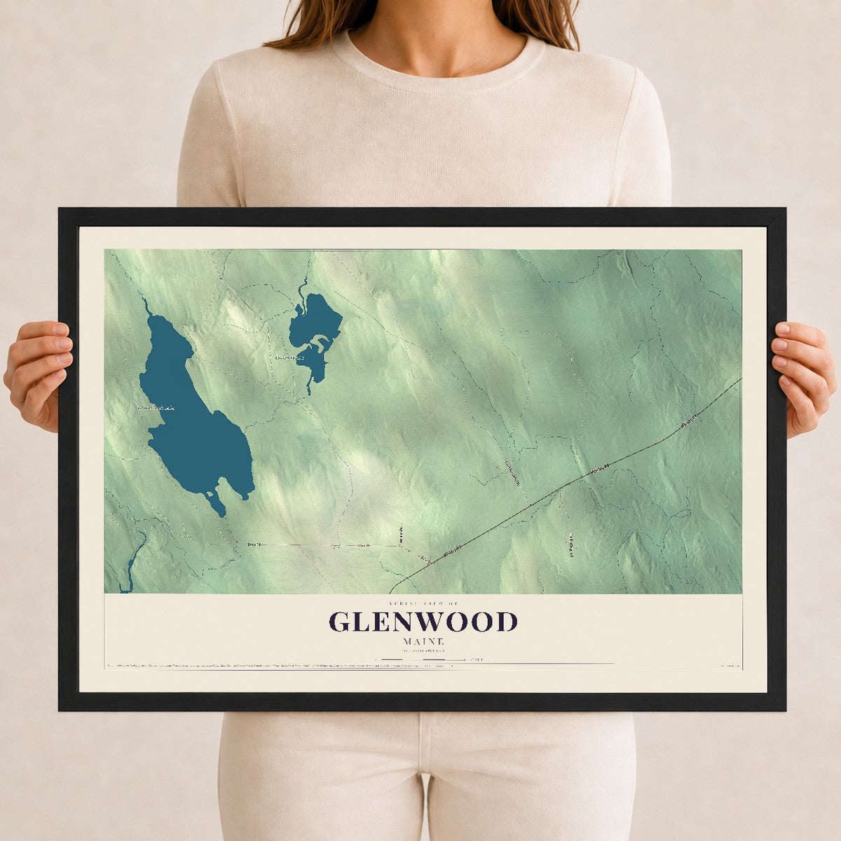Glenwood, Maine map print - 12 x 18 black Ayous wood frame