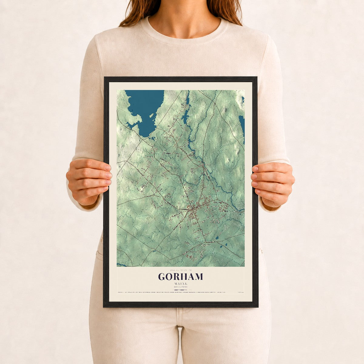Gorham, Maine map print - 12 x 18 black Ayous wood frame