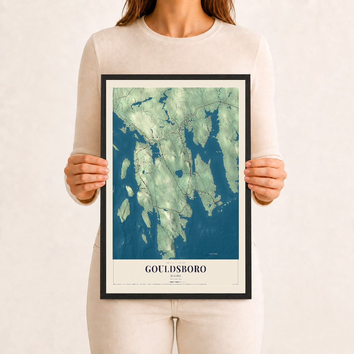 Gouldsboro, Maine map print - 12 x 18 black Ayous wood frame