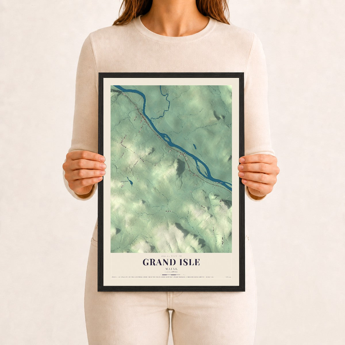 Grand Isle, Maine map print - 12 x 18 black Ayous wood frame