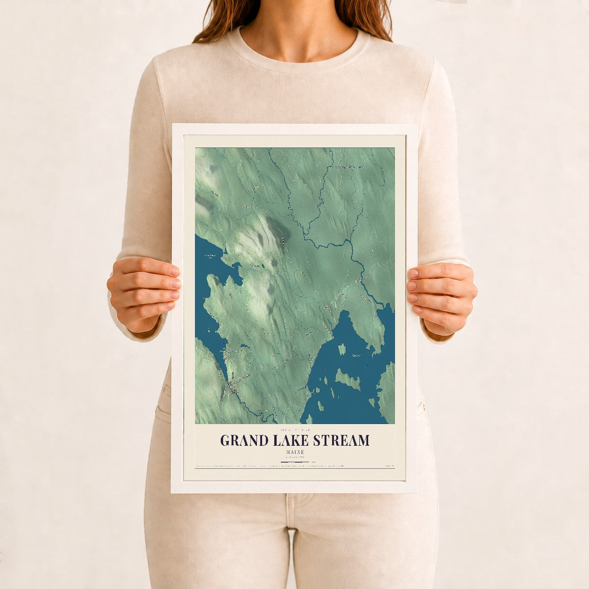 Grand Lake Stream, Maine map print - 12 x 18 white Ayous wood frame