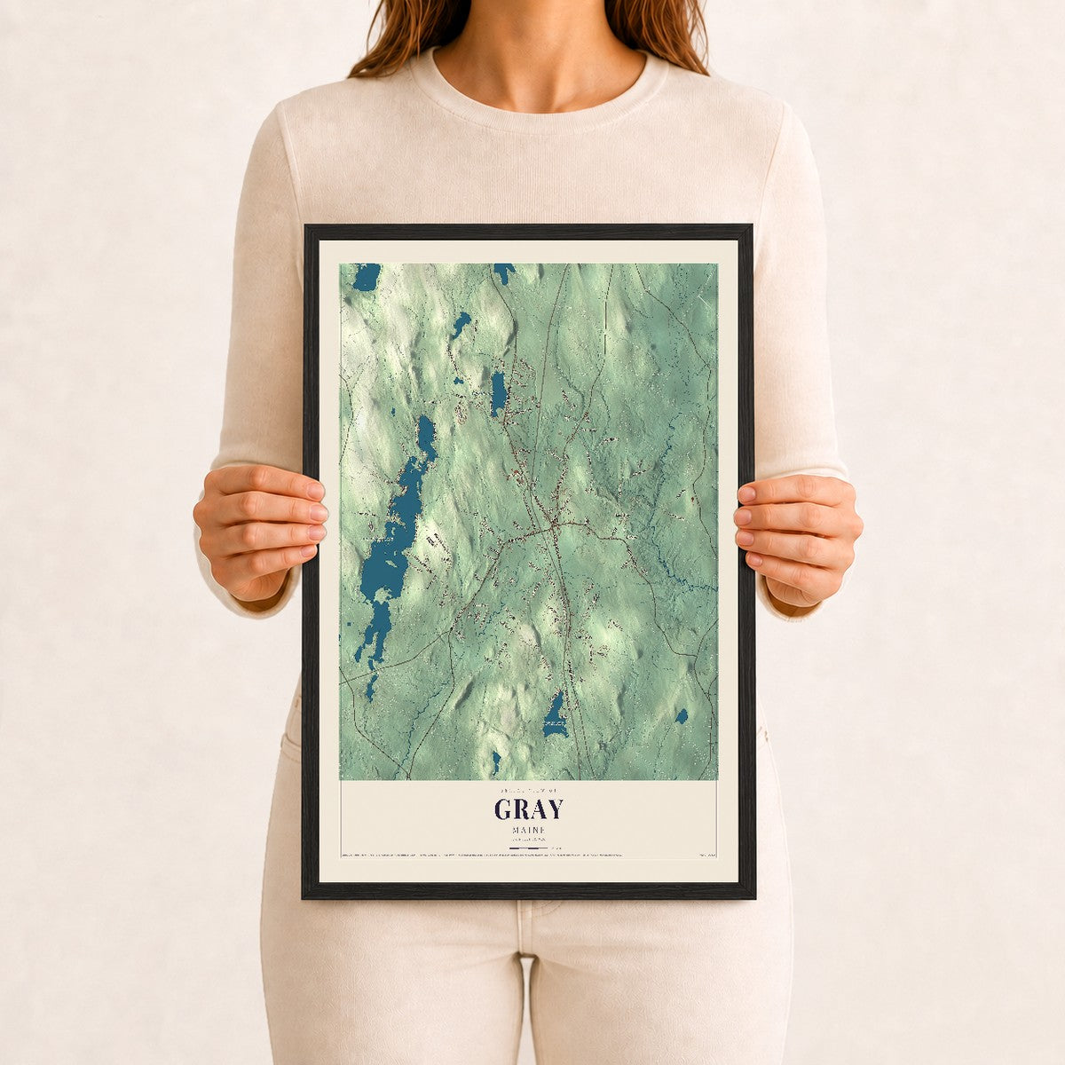 Gray, Maine map print - 12 x 18 black Ayous wood frame