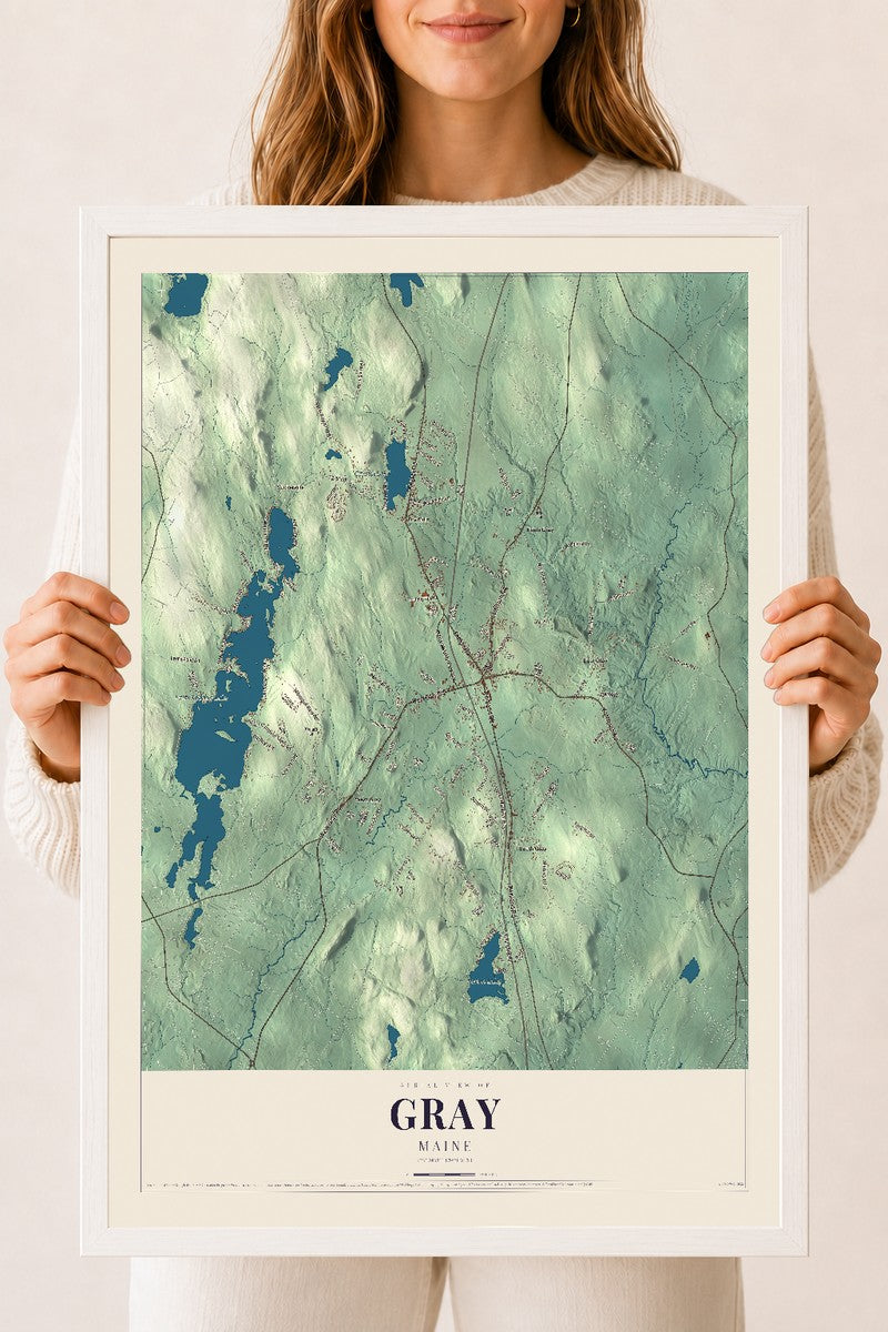 Gray, Maine map print - 18 x 24 white Ayous wood frame