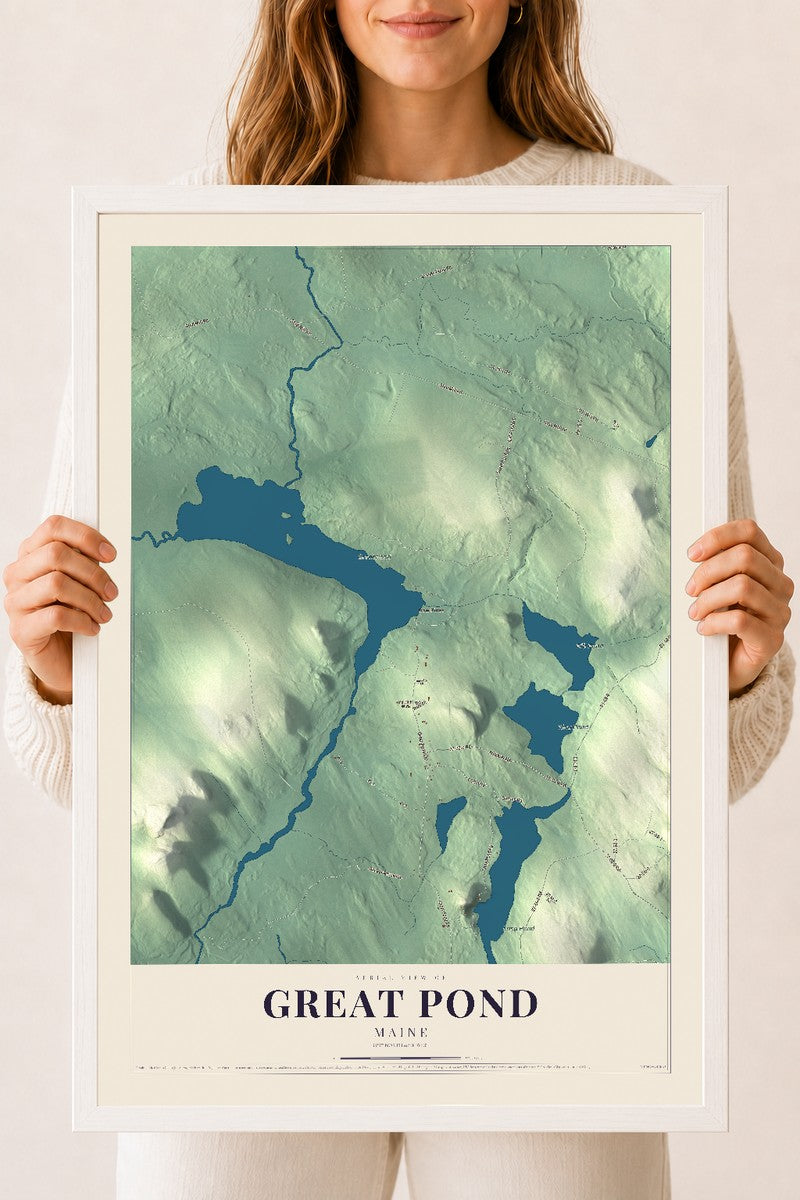 Great Pond, Maine map print - 18 x 24 white Ayous wood frame