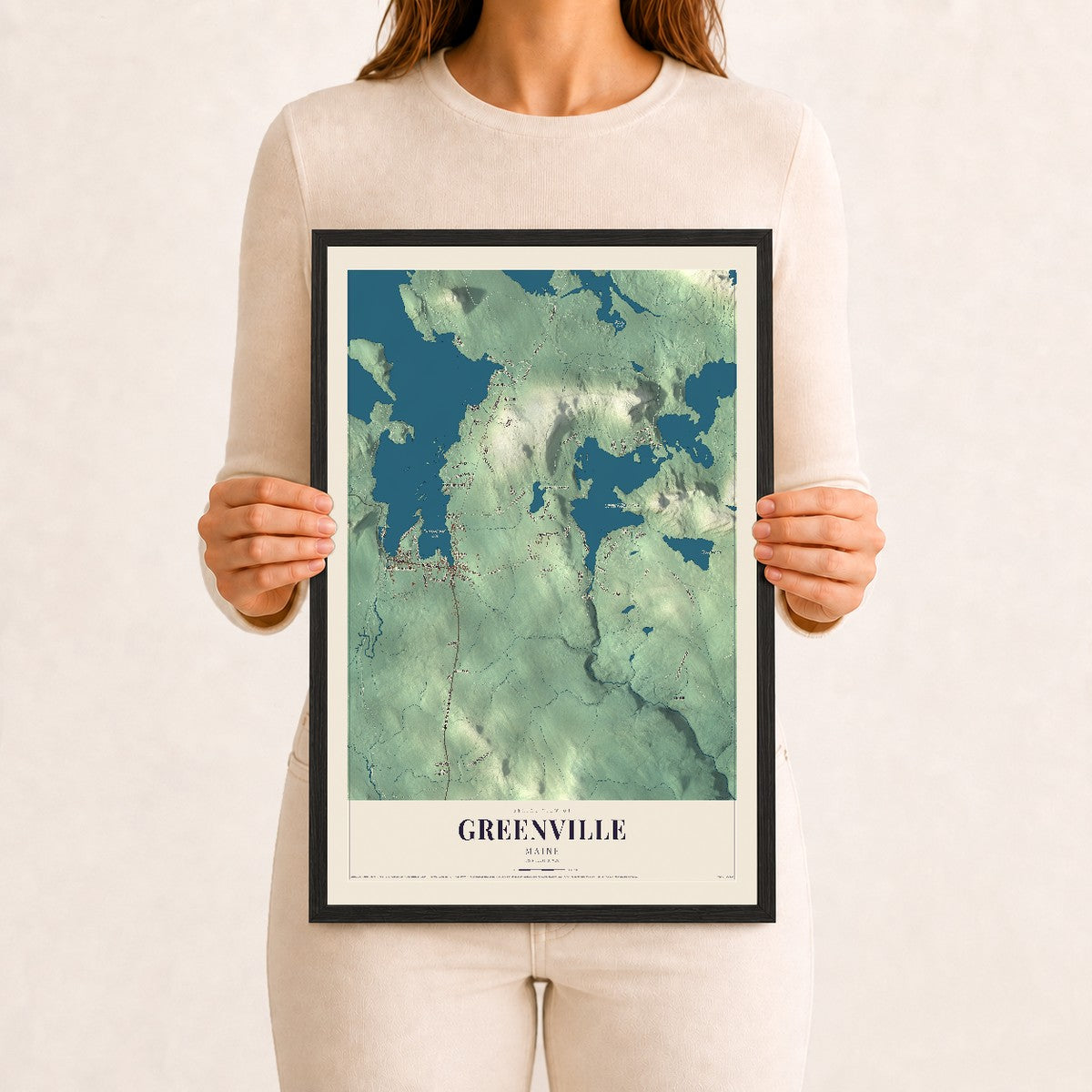 Greenville, Maine map print - 12 x 18 black Ayous wood frame