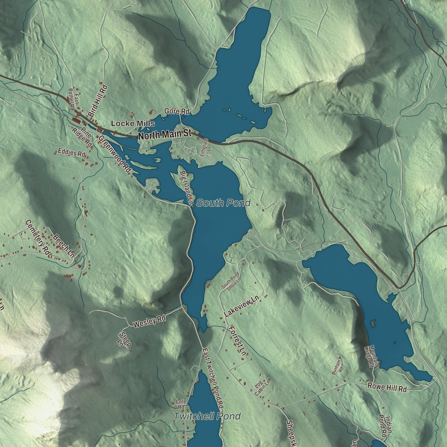 Terrain and local geography detail from the Greenwood, Maine map