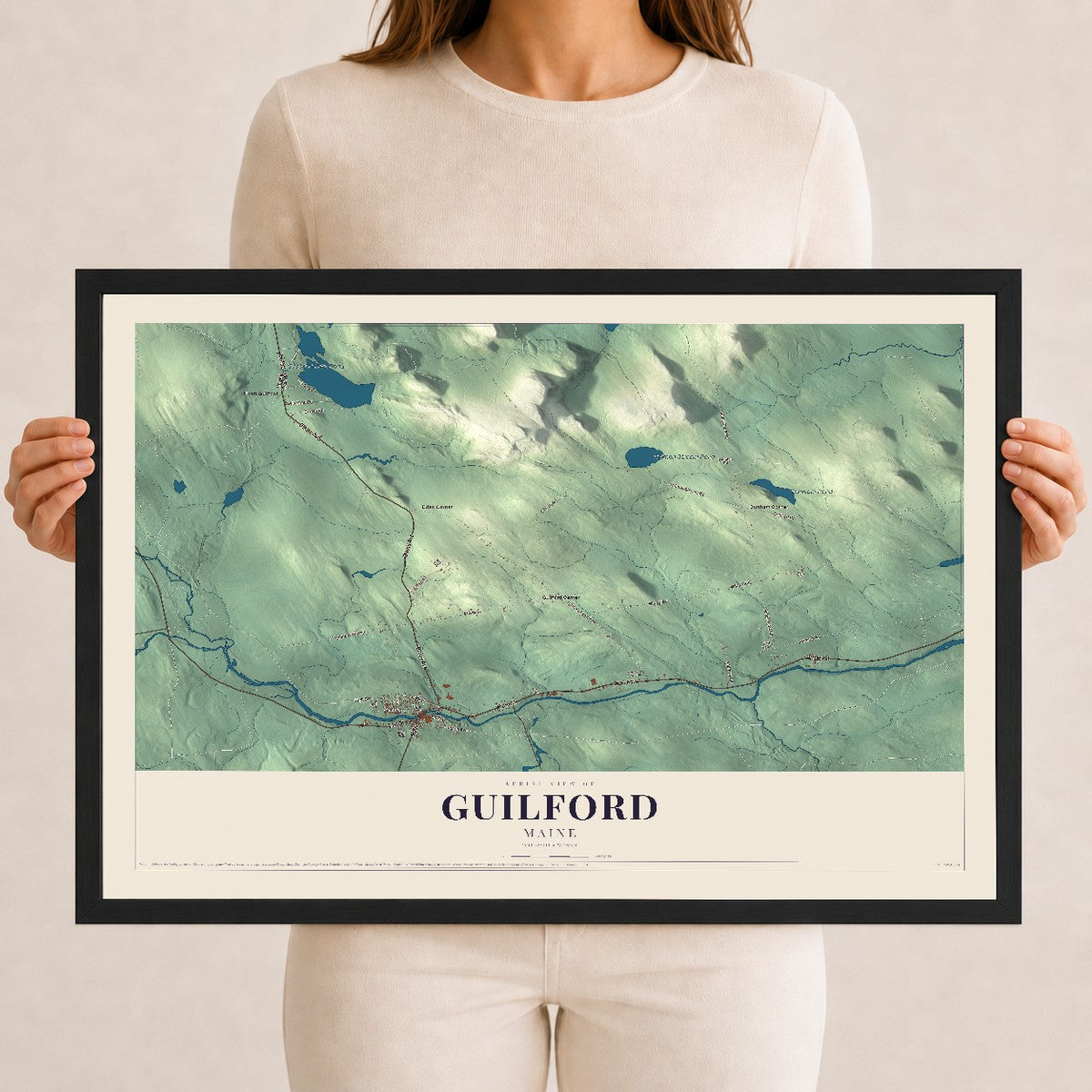 Guilford, Maine map print - 12 x 18 black Ayous wood frame