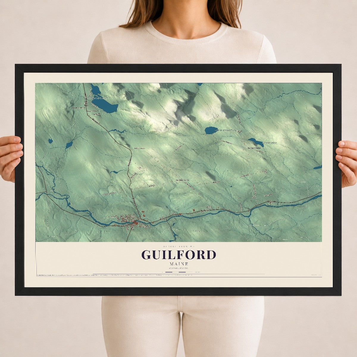 Guilford, Maine map print - 18 x 24 black Ayous wood frame