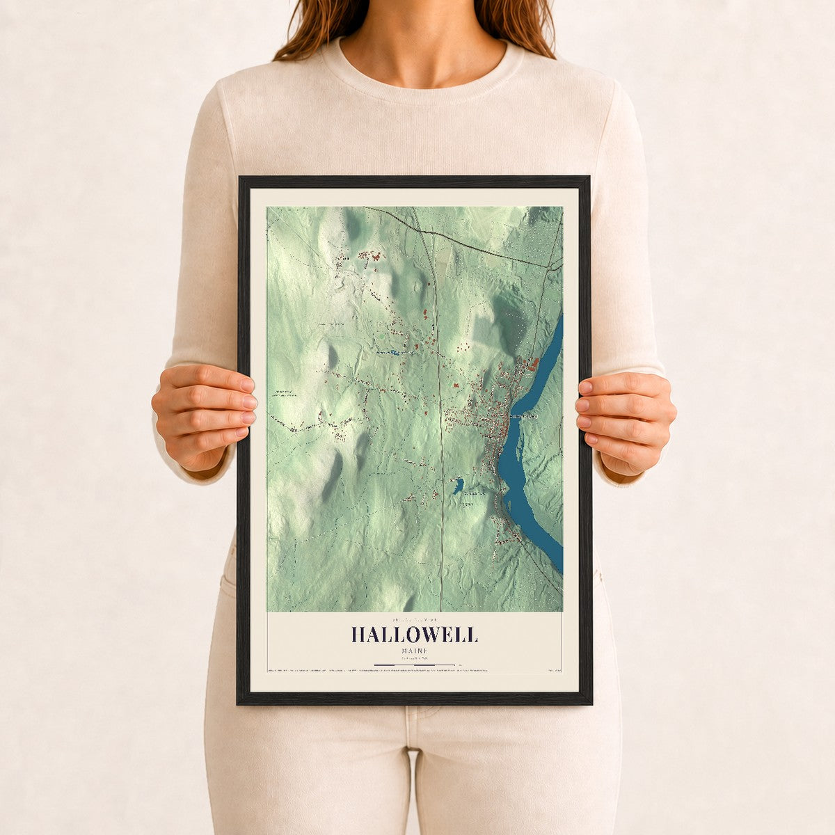 Hallowell, Maine map print - 12 x 18 black Ayous wood frame