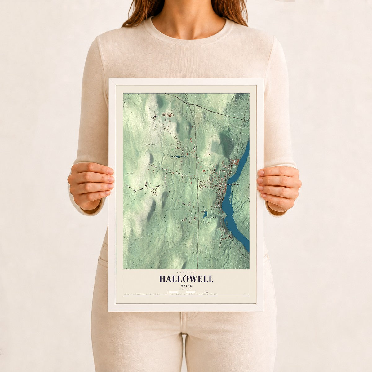 Hallowell, Maine map print - 12 x 18 white Ayous wood frame