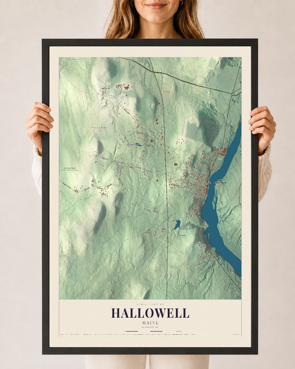 Hallowell, Maine map print - 24 x 36 black Ayous wood frame