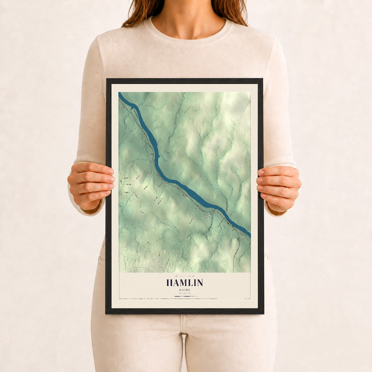 Hamlin, Maine map print - 12 x 18 black Ayous wood frame