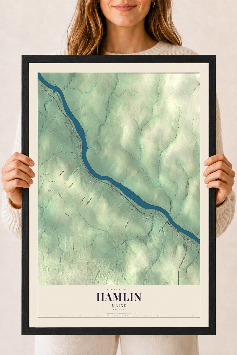 Hamlin, Maine map print - 18 x 24 black Ayous wood frame