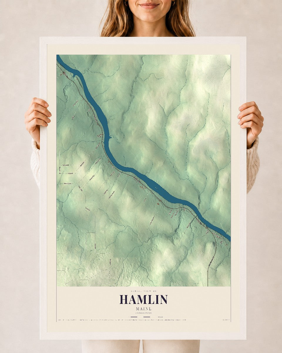 Hamlin, Maine map print - 24 x 36 white Ayous wood frame
