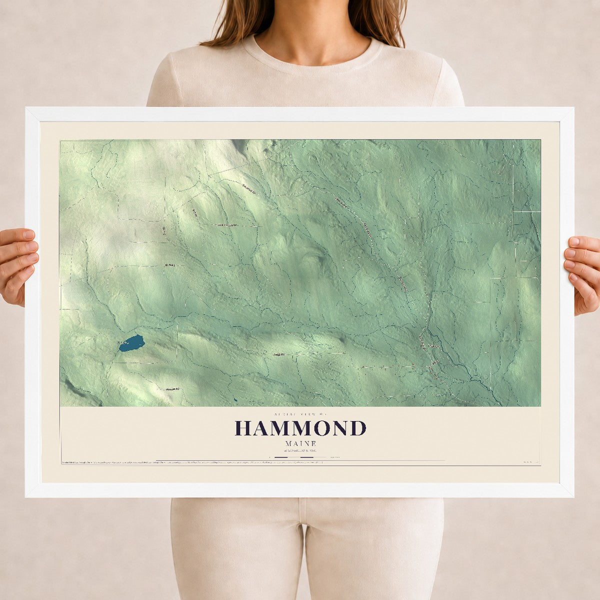 Hammond, Maine map print - 18 x 24 white Ayous wood frame
