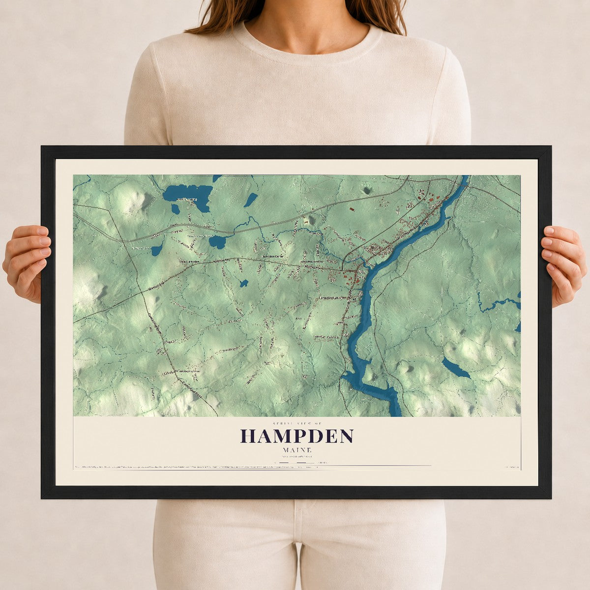 Hampden, Maine map print - 12 x 18 black Ayous wood frame