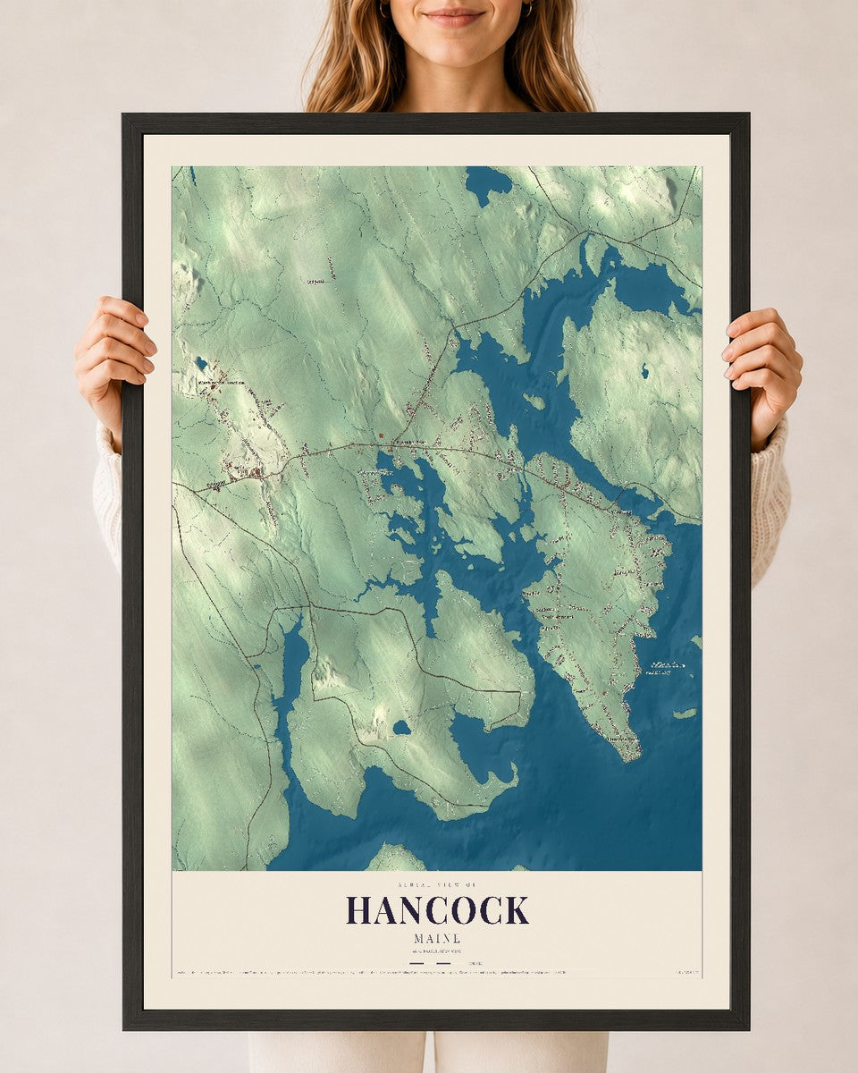 Hancock, Maine map print - 24 x 36 black Ayous wood frame