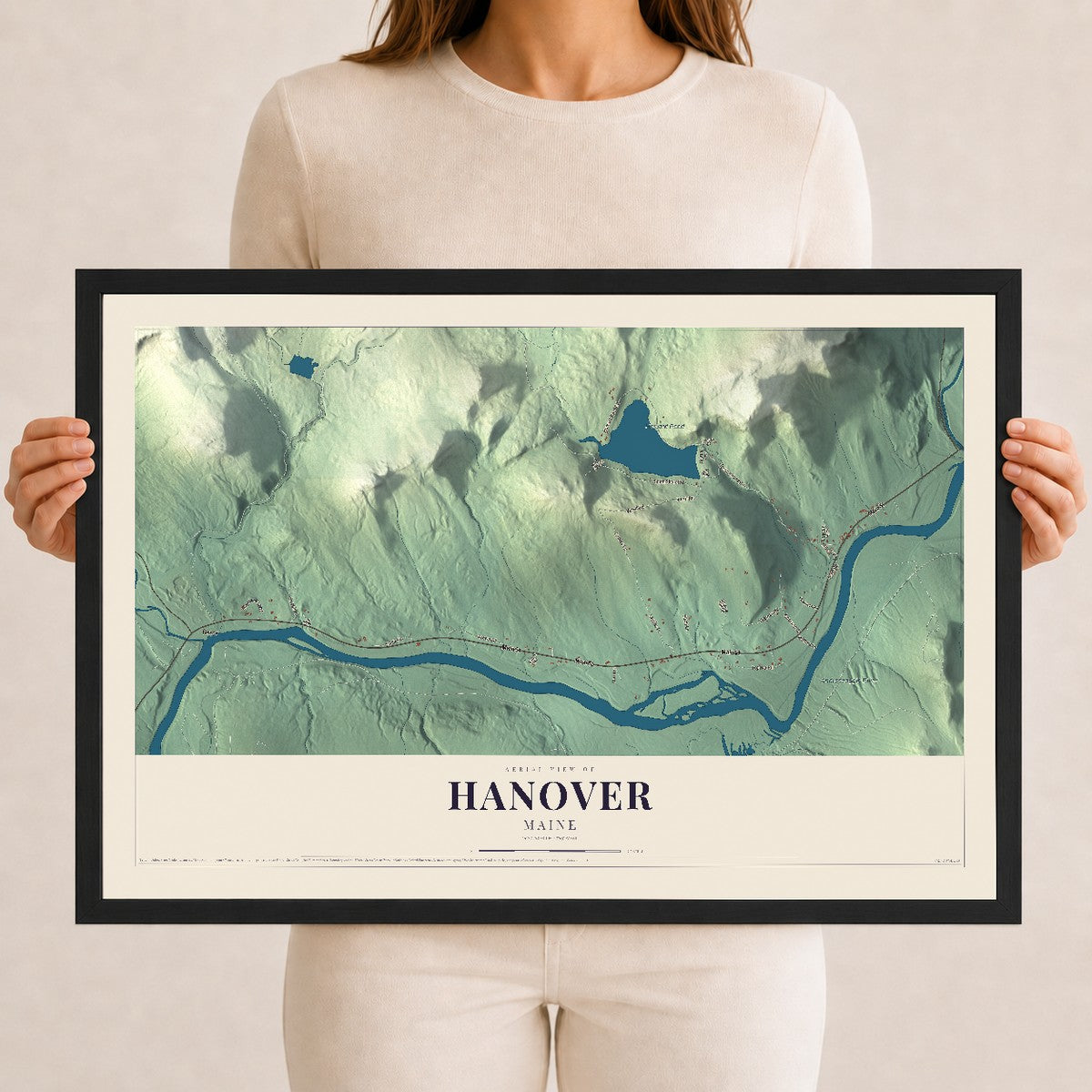 Hanover, Maine map print - 12 x 18 black Ayous wood frame