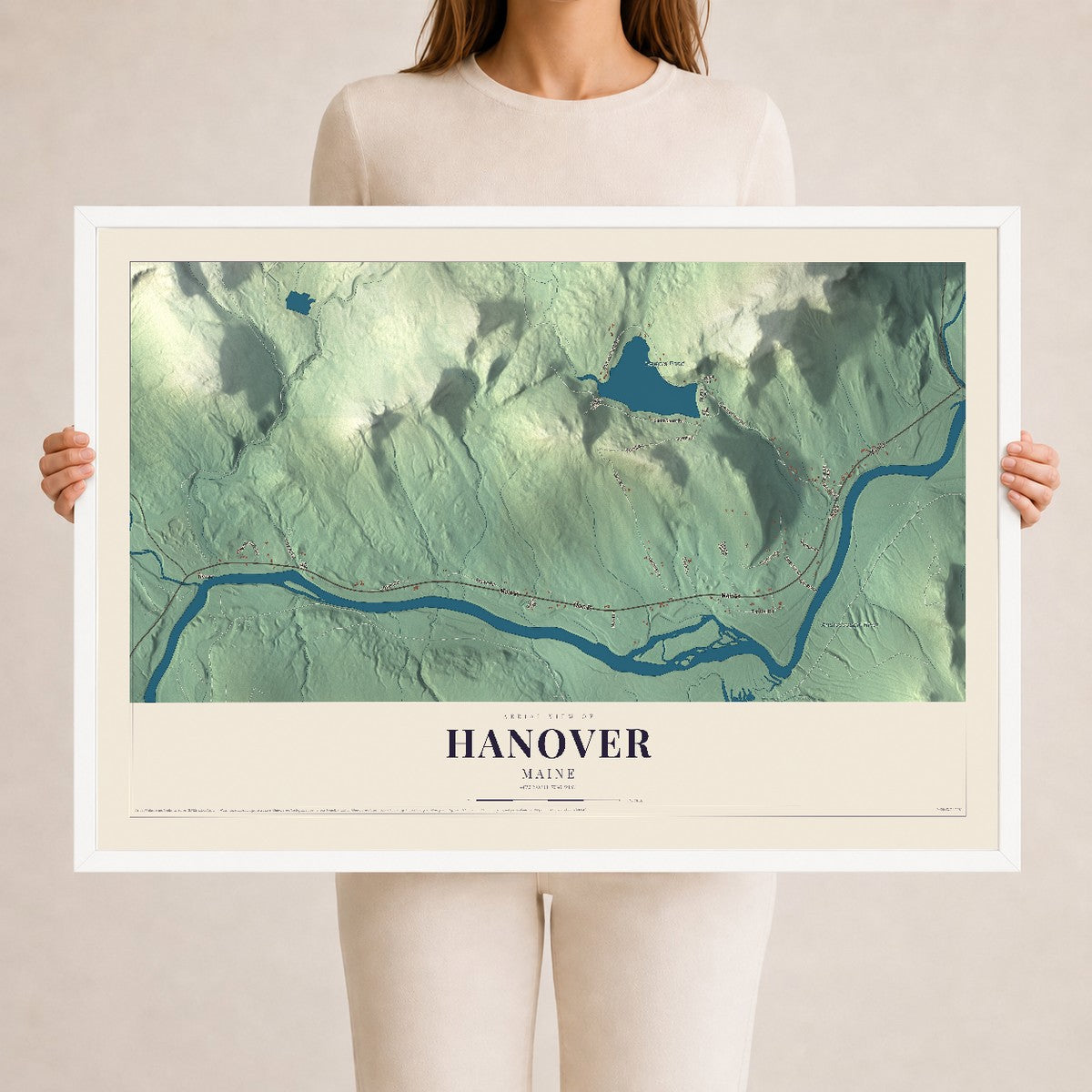 Hanover, Maine map print - 24 x 36 white Ayous wood frame