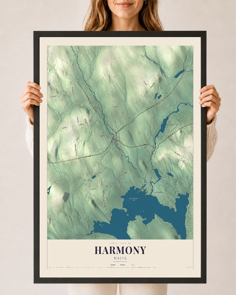 Harmony, Maine map print - 24 x 36 black Ayous wood frame