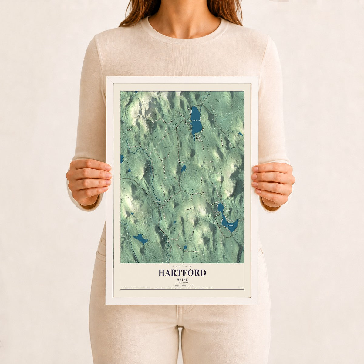 Hartford, Maine map print - 12 x 18 white Ayous wood frame