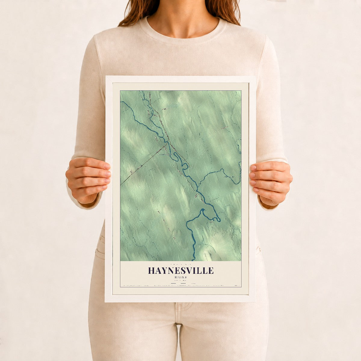 Haynesville, Maine map print - 12 x 18 white Ayous wood frame