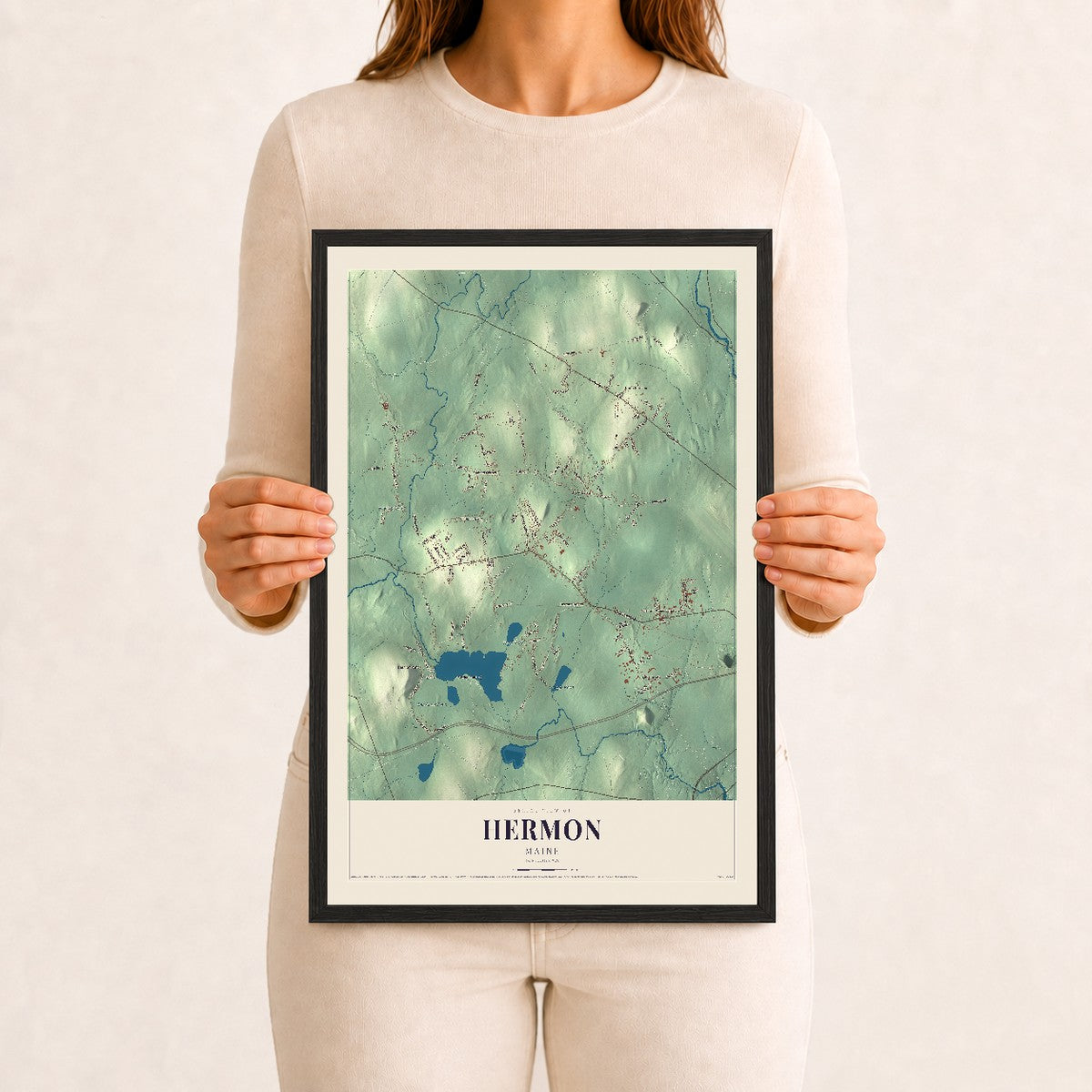Hermon, Maine map print - 12 x 18 black Ayous wood frame