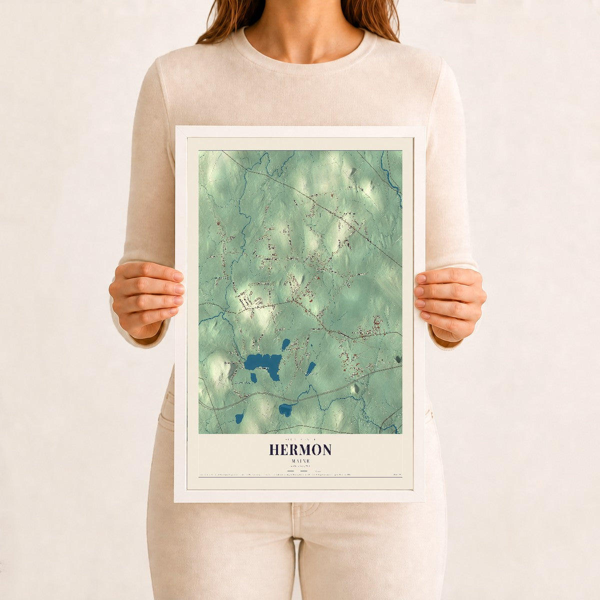 Hermon, Maine map print - 12 x 18 white Ayous wood frame