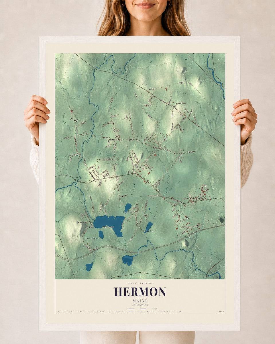 Hermon, Maine map print - 24 x 36 white Ayous wood frame