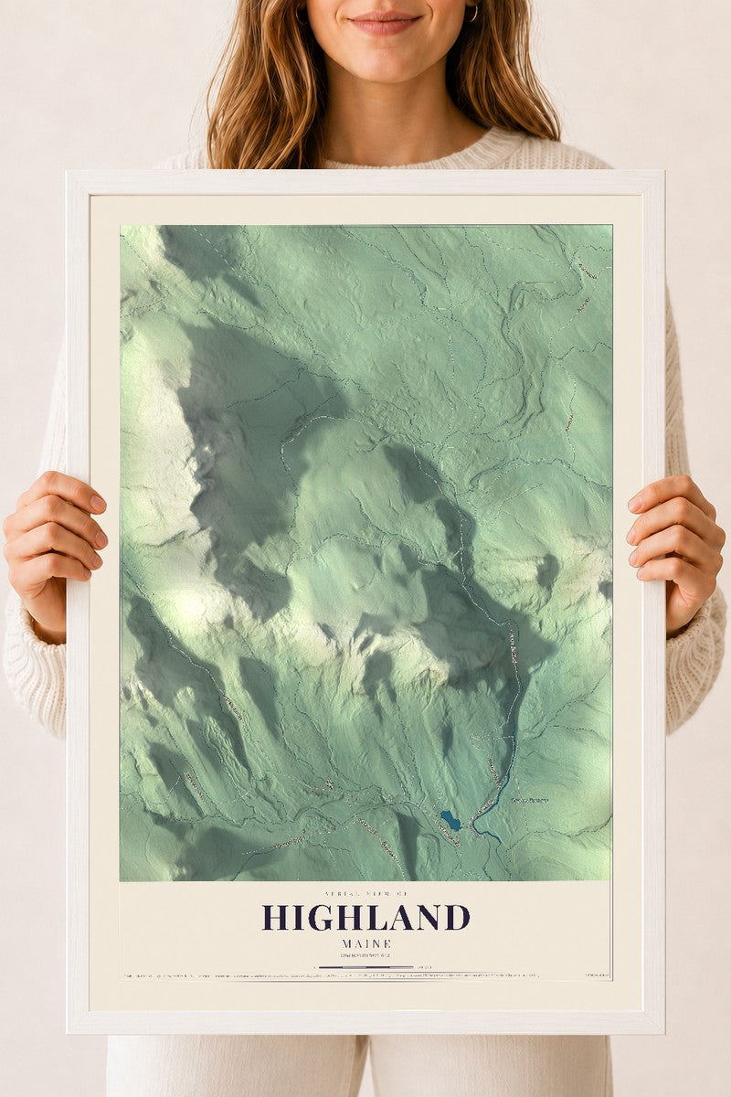 Highland, Maine map print - 18 x 24 white Ayous wood frame