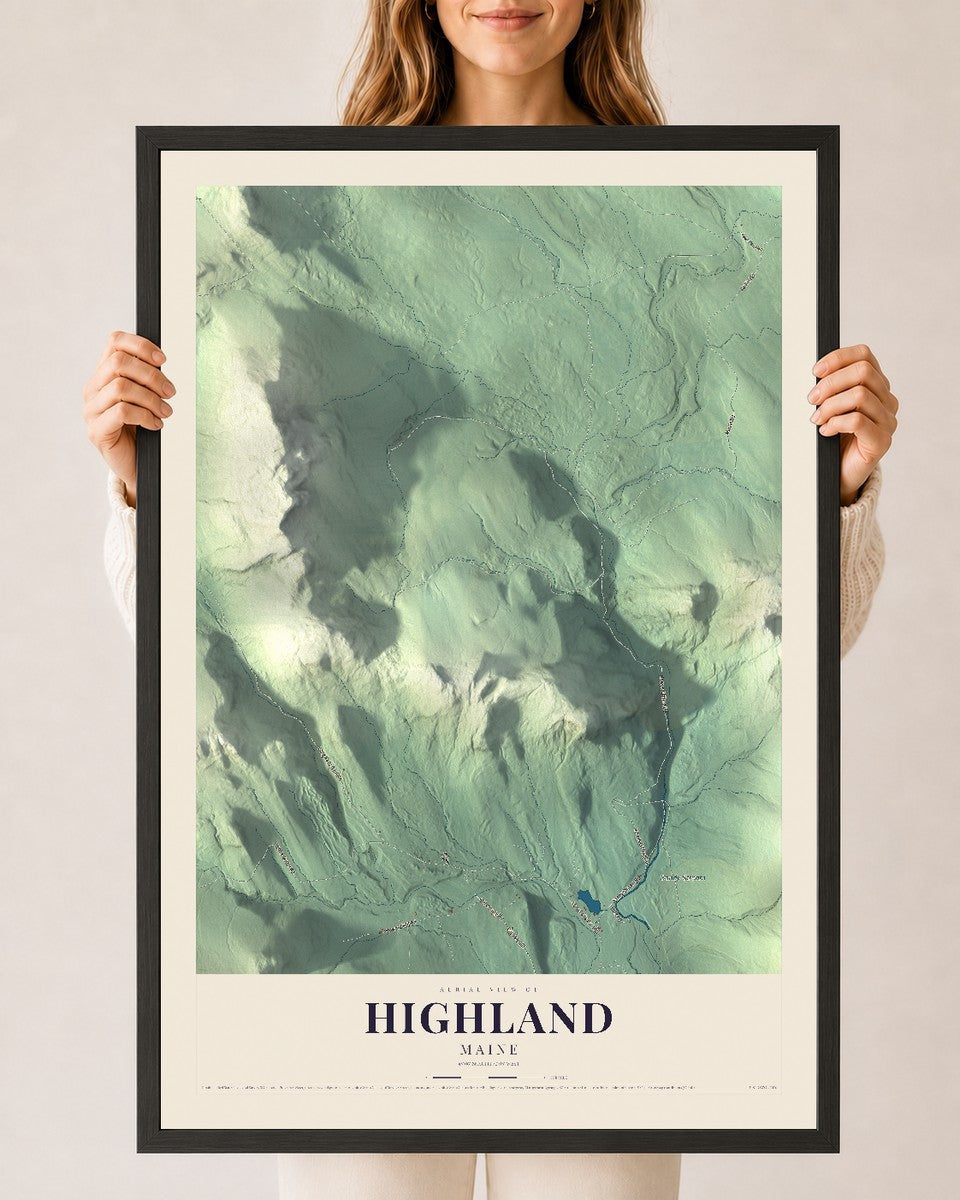 Highland, Maine map print - 24 x 36 black Ayous wood frame