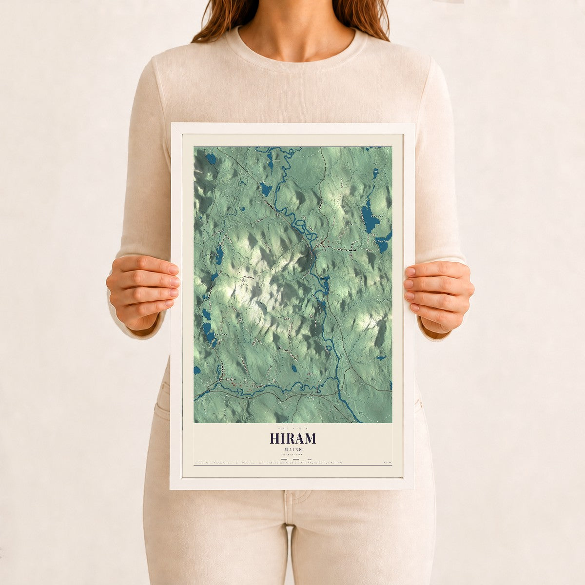 Hiram, Maine map print - 12 x 18 white Ayous wood frame
