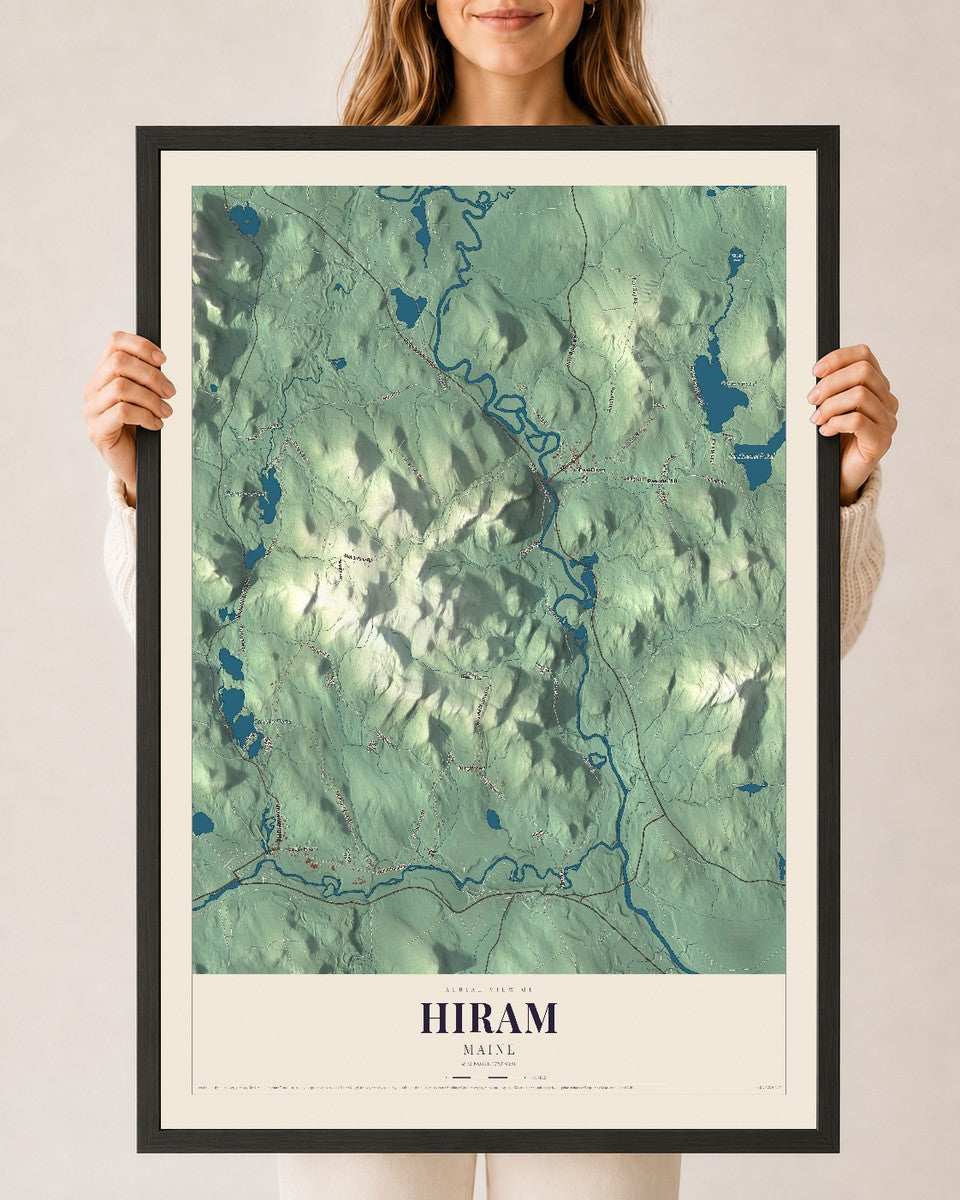 Hiram, Maine map print - 24 x 36 black Ayous wood frame